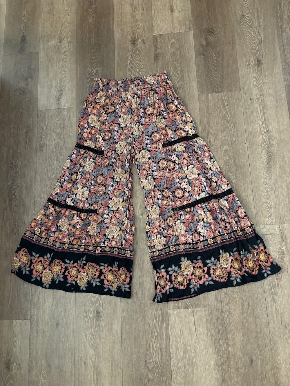 Boho Floral Tiered Wide-Bottom Pants - Pink Multi (Angie)